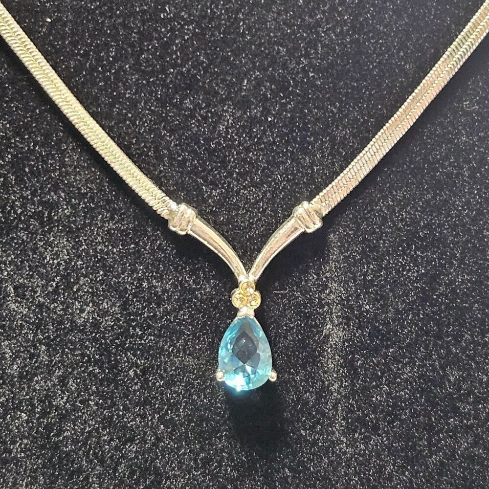 Avon Silver Tone Teardrop Shaped Birthstone Necklace 2004 16-19" blue